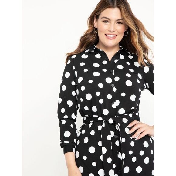 ELOQUII Elements Black White Polka Dot Belted Midi Shirtdress Women's 14 NWT - Picture 2 of 3